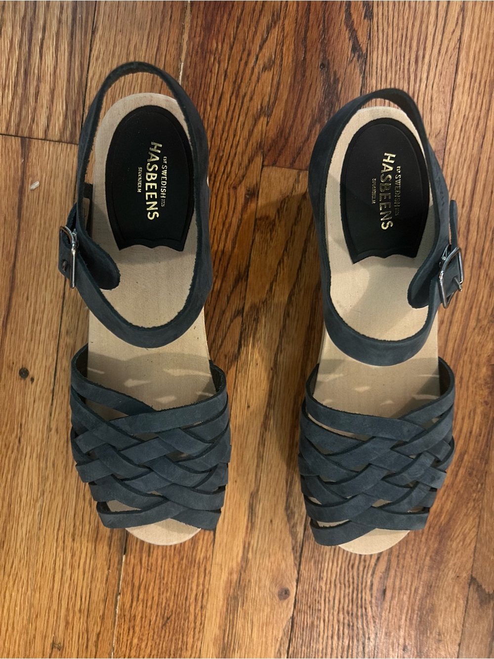 Swedish Hasbeens Navy Woven Leather Slingback Sandals